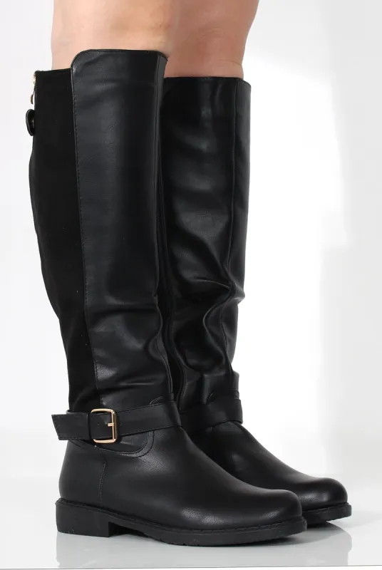 Sally Black Faux Leather/Suede Knee High Boots sold by Rebellious Fashion