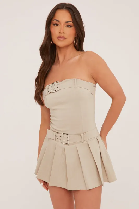 Beige Pleat Detail Self Belt Bandeau Playsuit - Paisly sold by Rebellious Fashion