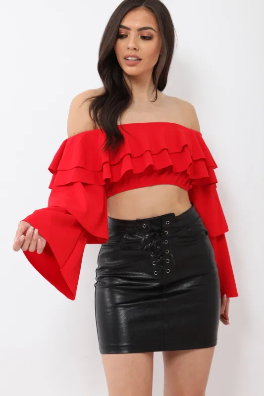 Red extreme Layered Frill Bardot Crop Top - Nevaeh sold by Rebellious Fashion
