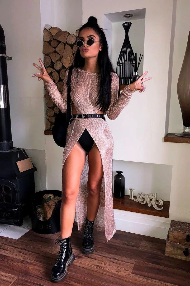 Rose Gold Knitted Cut Out Midi Dress - Loria sold by Rebellious Fashion