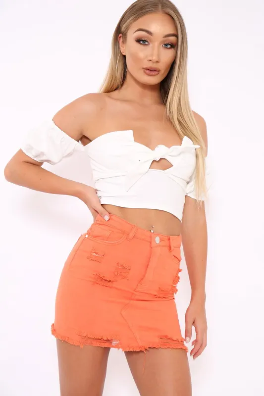 White Tie Front Bardot Crop Top - Amaya sold by Rebellious Fashion