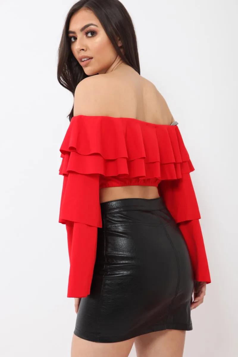 Red extreme Layered Frill Bardot Crop Top - Nevaeh sold by Rebellious Fashion product image thumbnail 4