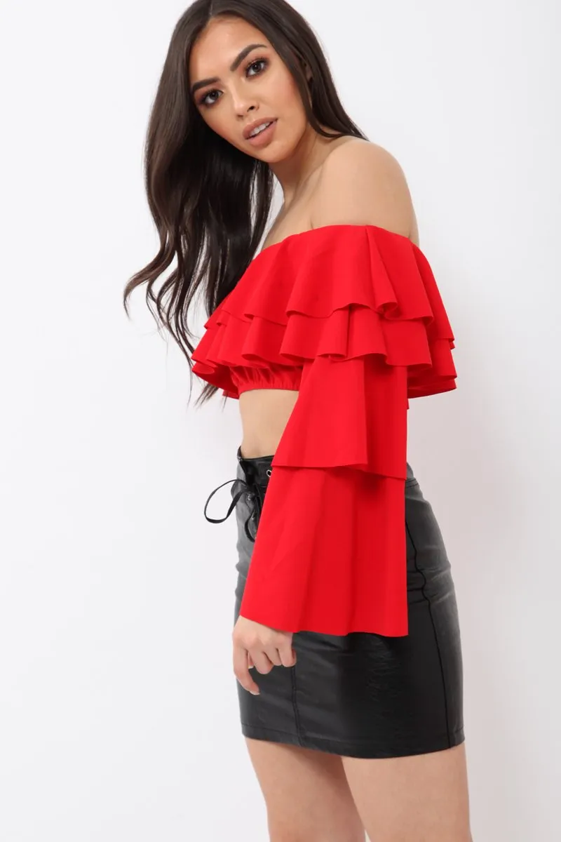 Red extreme Layered Frill Bardot Crop Top - Nevaeh sold by Rebellious Fashion product image thumbnail 3