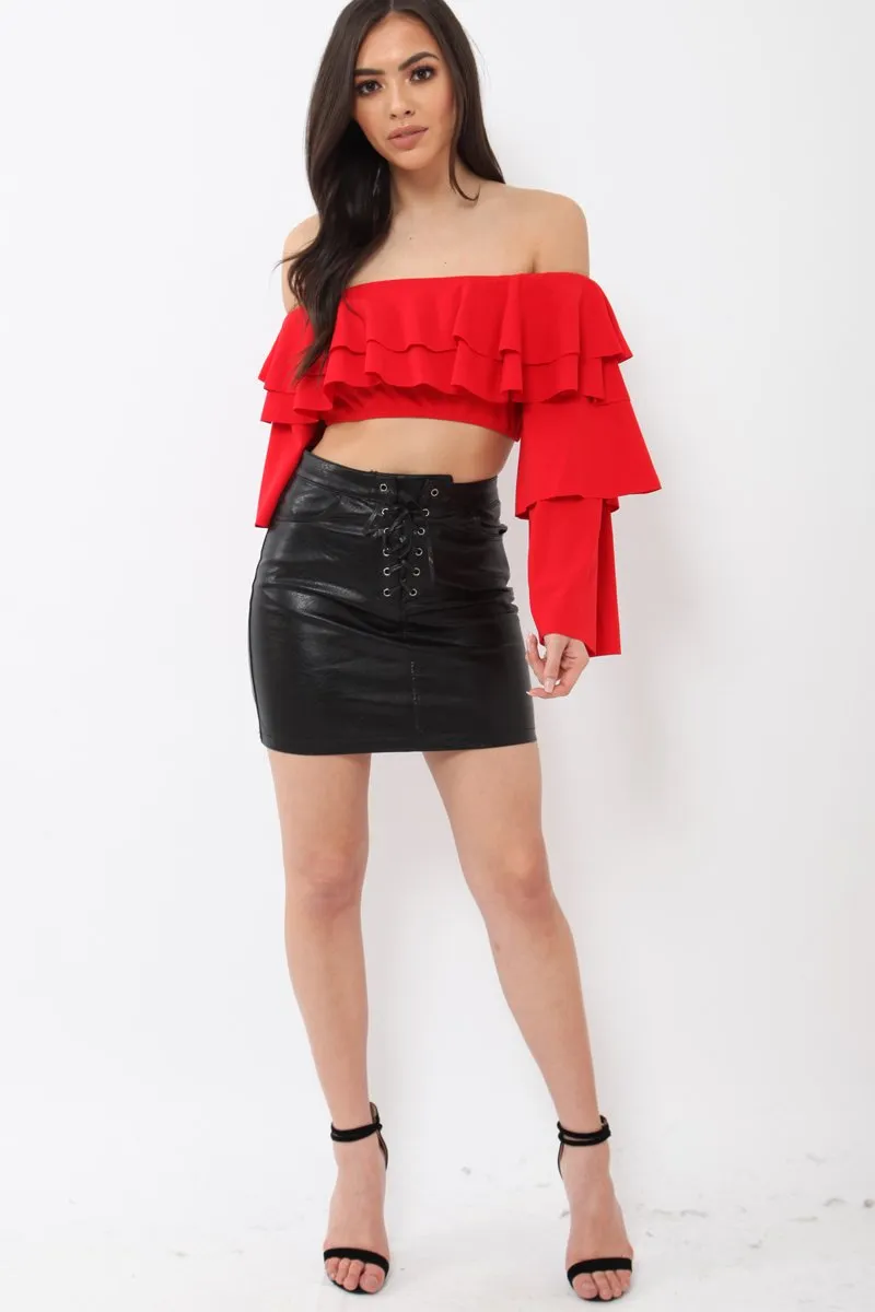 Red extreme Layered Frill Bardot Crop Top - Nevaeh sold by Rebellious Fashion product image thumbnail 2