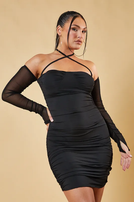 Black Halter Neck Bardot Mini Dress - Jacqueline sold by Rebellious Fashion