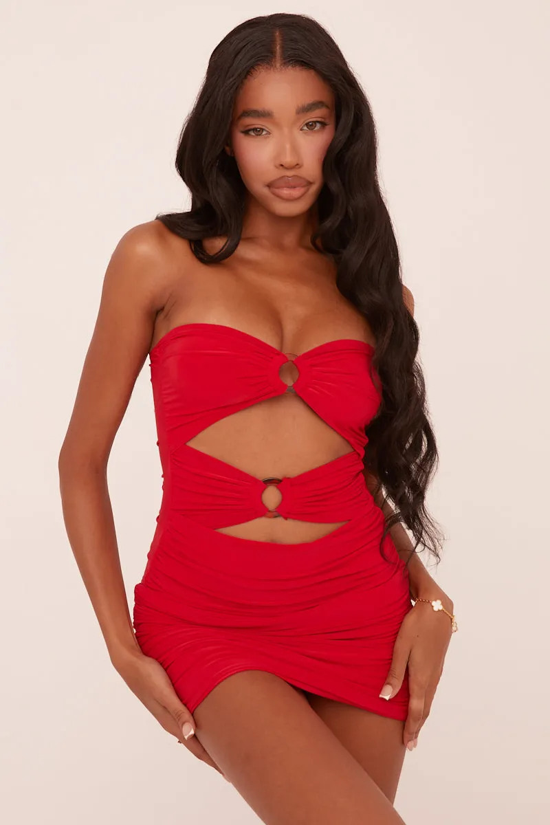 Red Ring Detail Bandeau Ruched Bodycon Mini Dress - Tefta sold by Rebellious Fashion