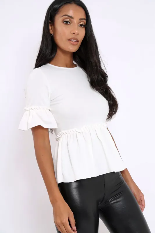 White Peplum Frill Detail Top with Frill Sleeves - Gretta made by Rebellious Fashion