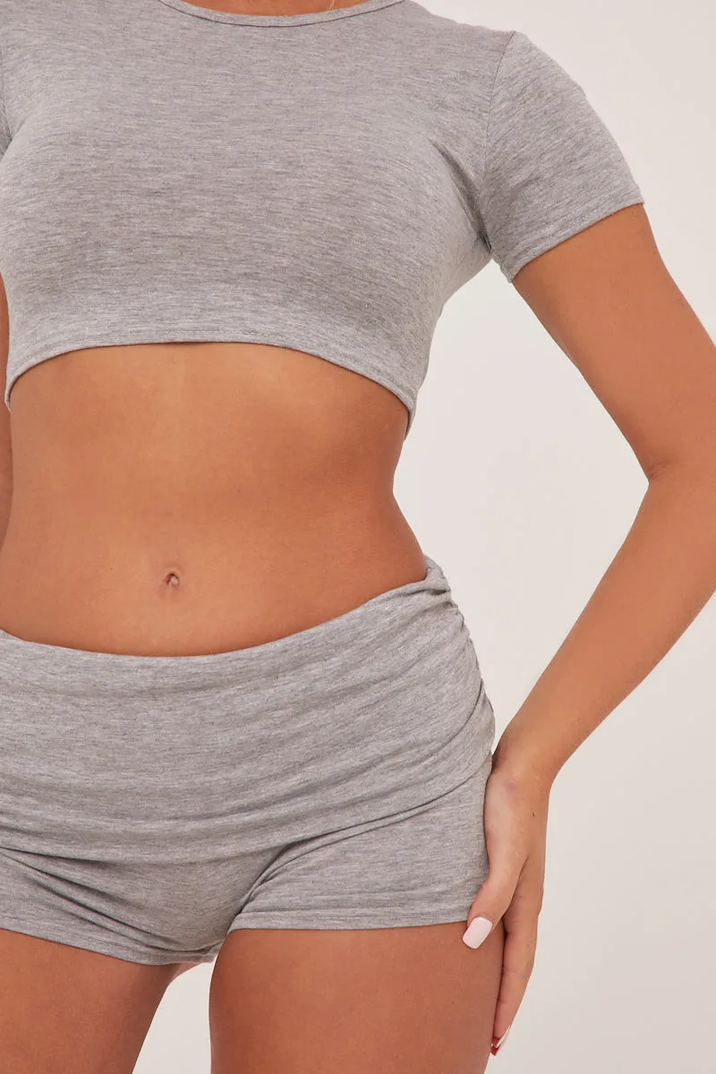 Grey Round Neck Cropped Top & Ruched Shorts Co-ord Set - Lyla sold by Rebellious Fashion product image thumbnail 3