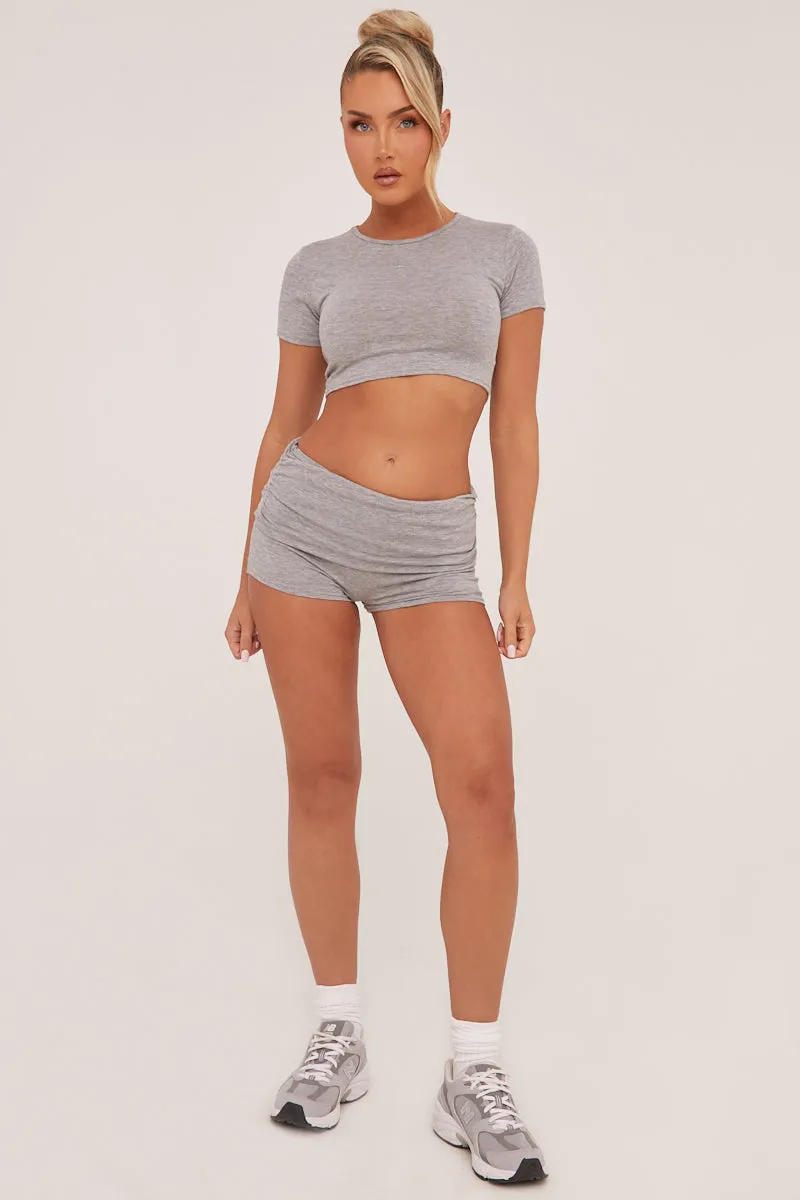 Grey Round Neck Cropped Top & Ruched Shorts Co-ord Set - Lyla sold by Rebellious Fashion
