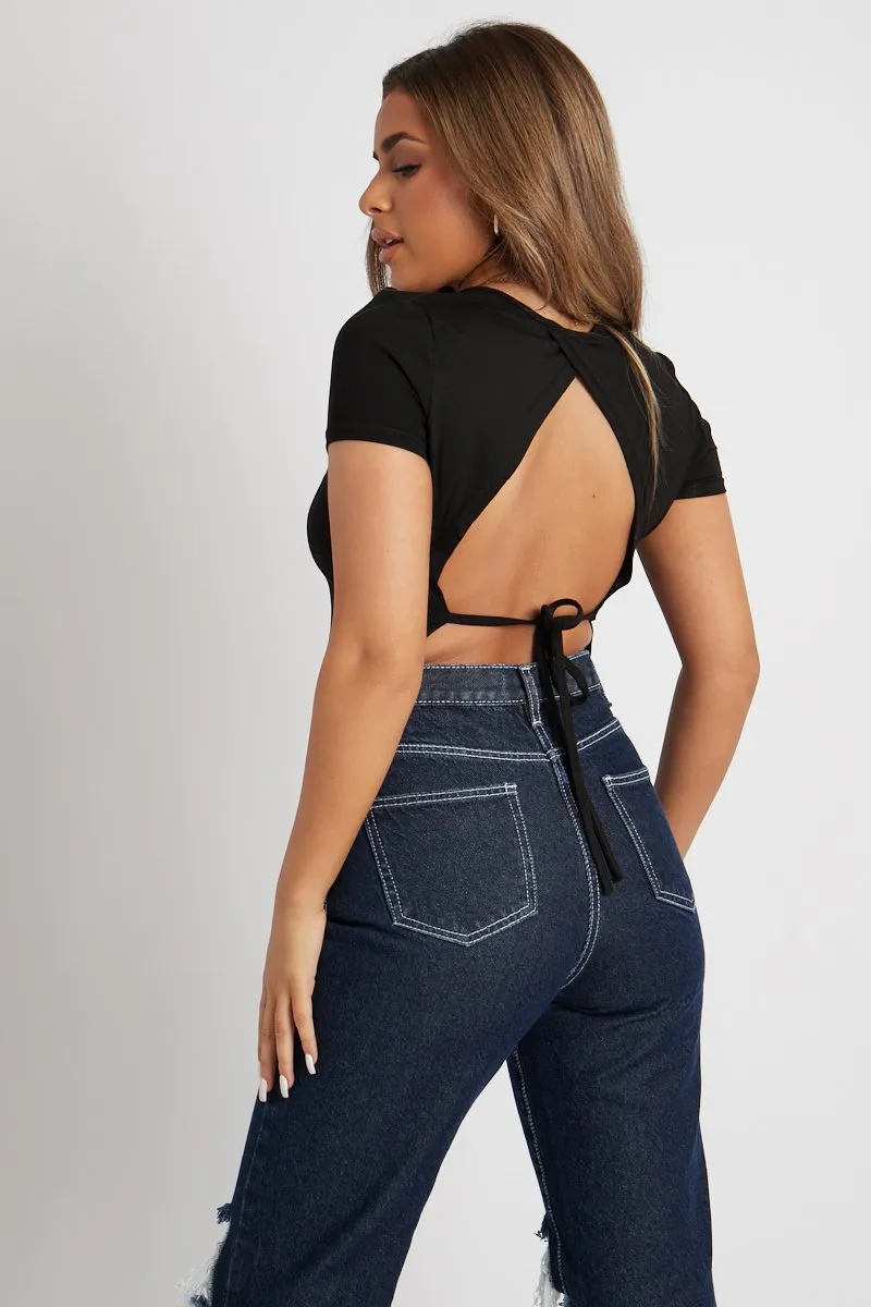 Black Cut Out Tie Back Cropped T-shirt - Mel sold by Rebellious Fashion