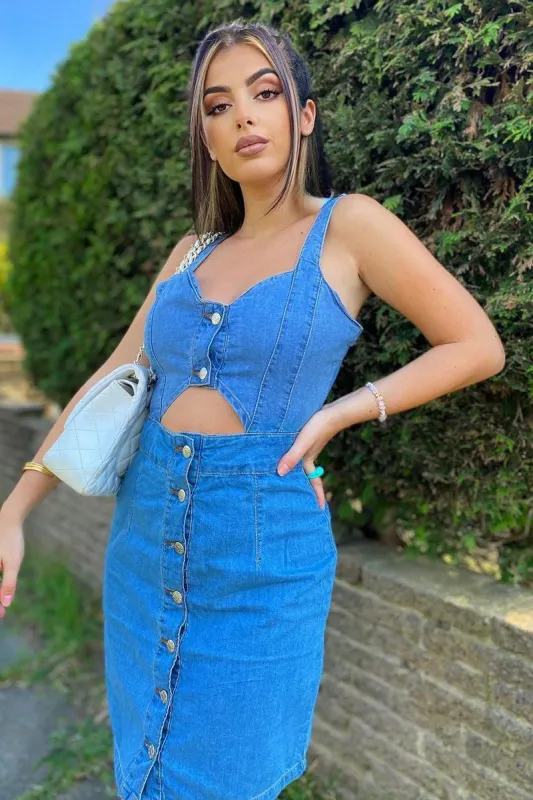 Mid Blue Cut Out Button Front Denim Mini Dress - Saphia sold by Rebellious Fashion