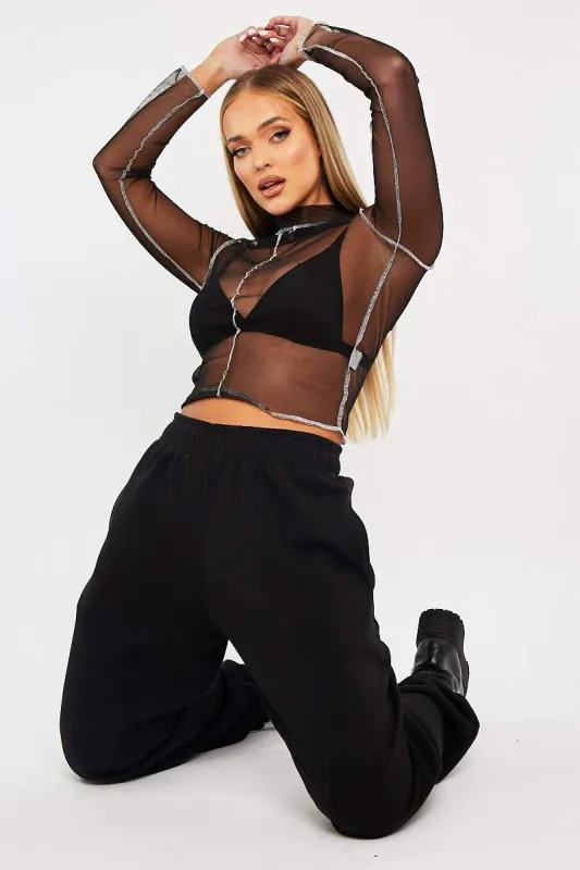 Black Mesh Contrast Stitch Long Sleeve Crop Top - Evie made by Rebellious Fashion