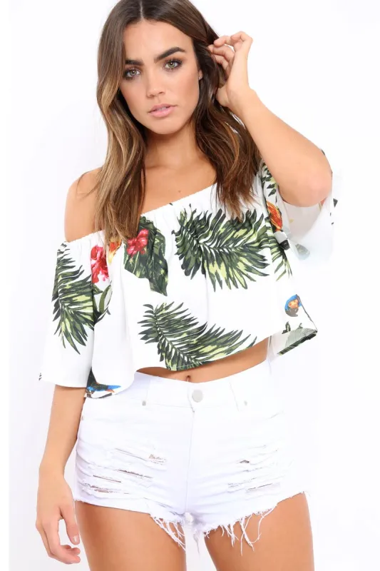 White Tropical Print Bardot Top - Monie sold by Rebellious Fashion