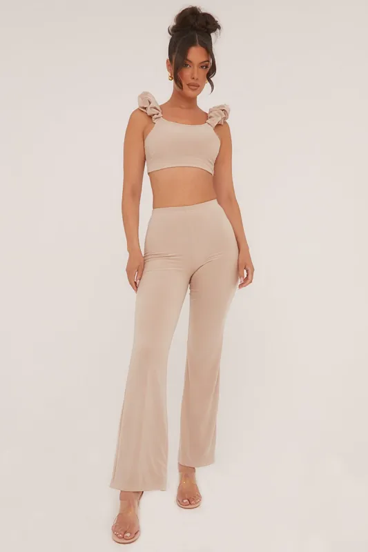 Beige Frill Detail  Cropped Top & Wide Leg Trousers Co-ord Set - Sophie sold by Rebellious Fashion