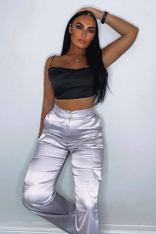 Lilac Satin Straight Leg Cargo Trousers - Harlyn sold by Rebellious Fashion