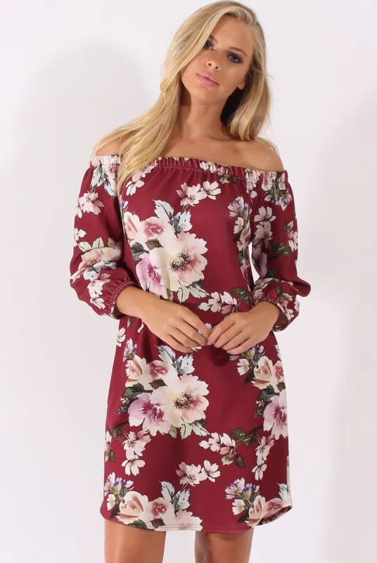 Wine Floral Print Bardot Dress - Cammi sold by Rebellious Fashion