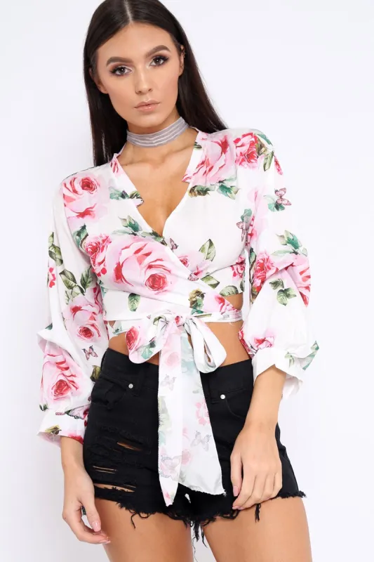 White Floral Plunge Wrap Tie Top - Emila sold by Rebellious Fashion
