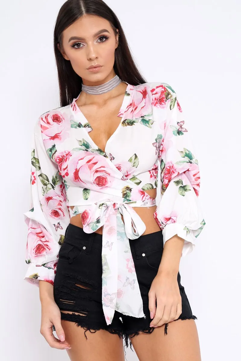 White Floral Plunge Wrap Tie Top - Emila sold by Rebellious Fashion