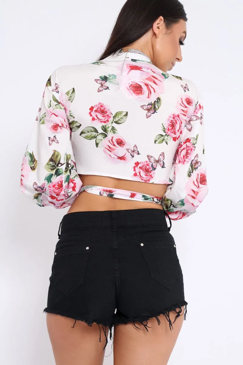 White Floral Plunge Wrap Tie Top - Emila sold by Rebellious Fashion product image thumbnail 4
