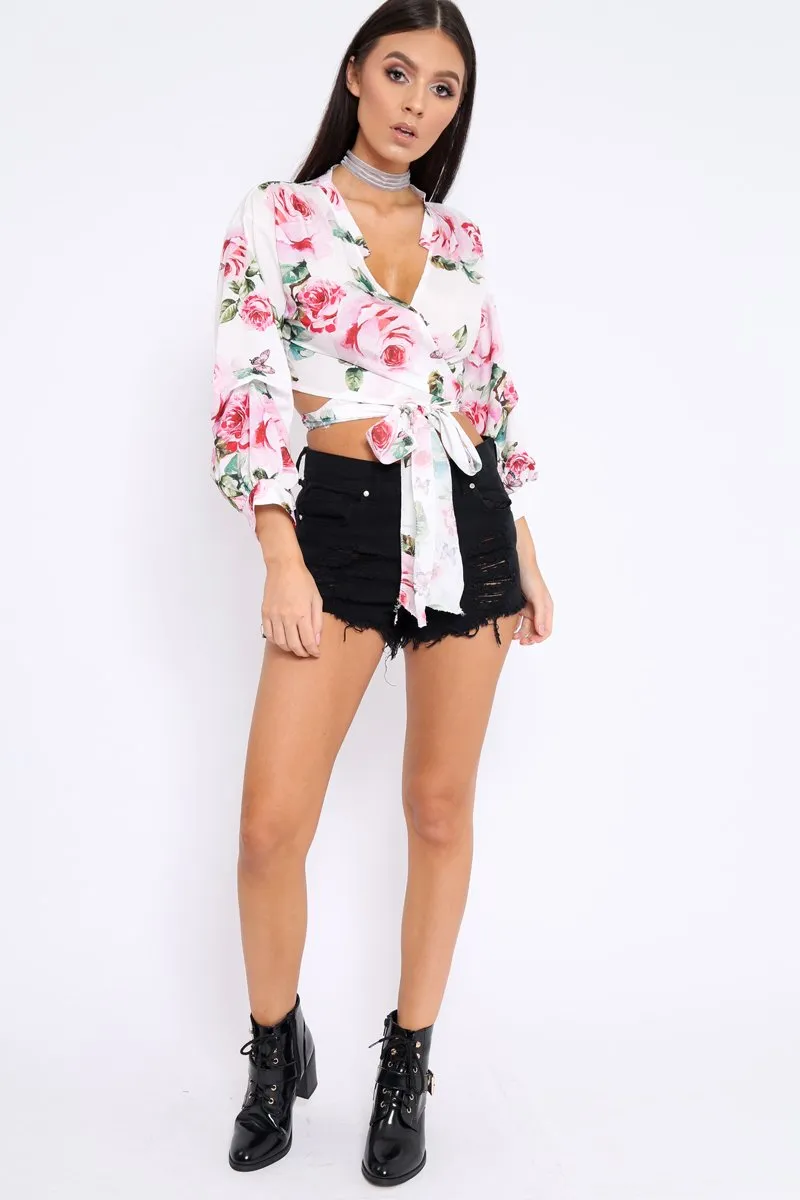 White Floral Plunge Wrap Tie Top - Emila sold by Rebellious Fashion product image thumbnail 2