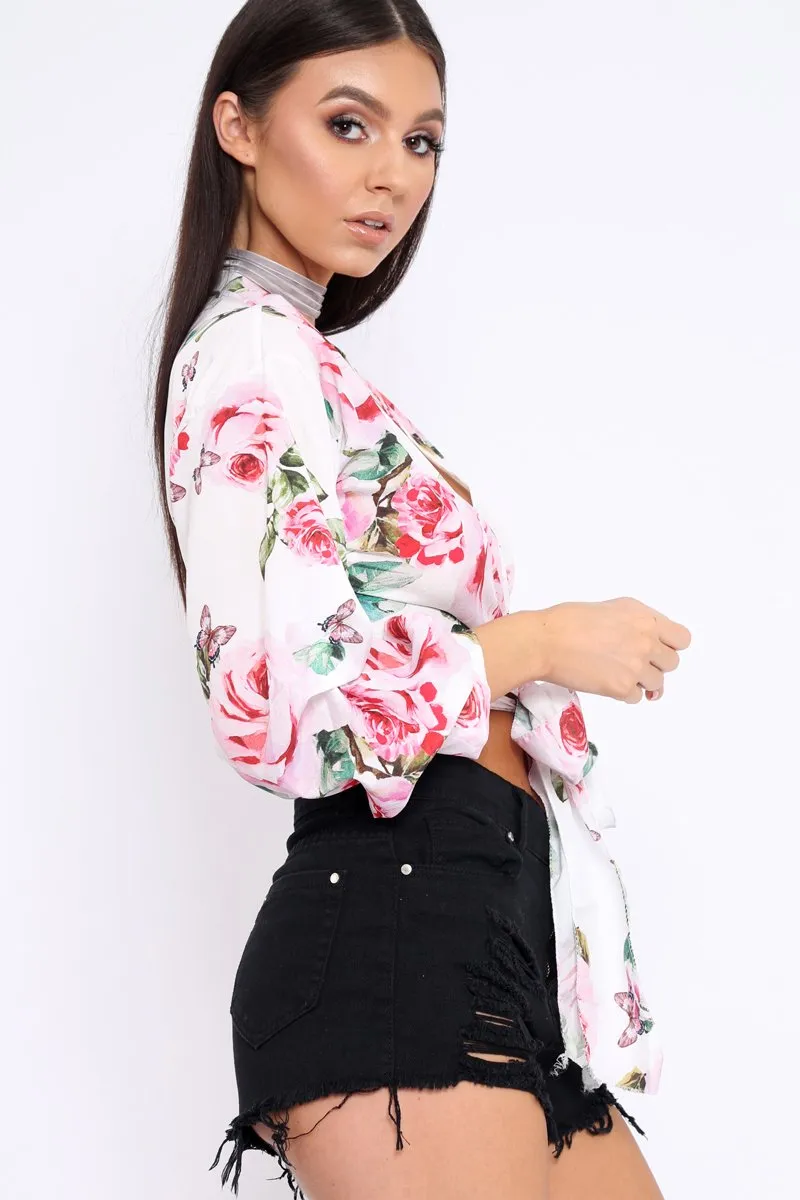 White Floral Plunge Wrap Tie Top - Emila sold by Rebellious Fashion product image thumbnail 3