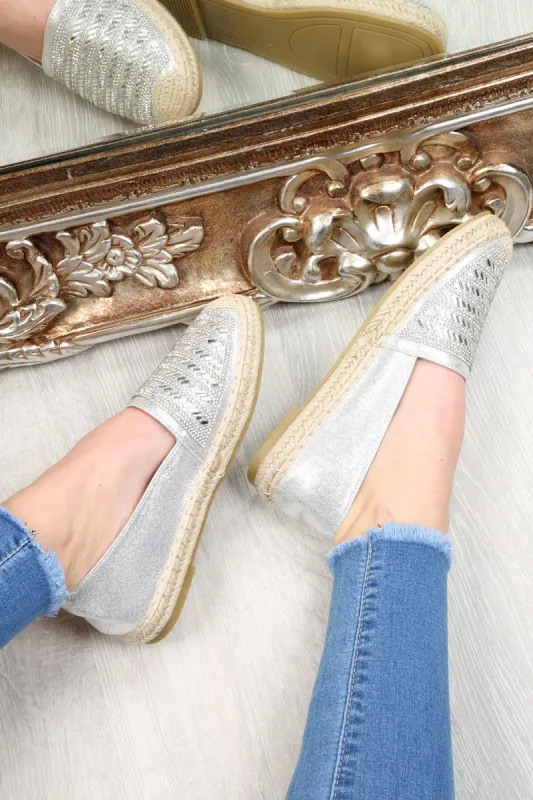 Silver Diamante Embellished Espadrilles - Mazie sold by Rebellious Fashion