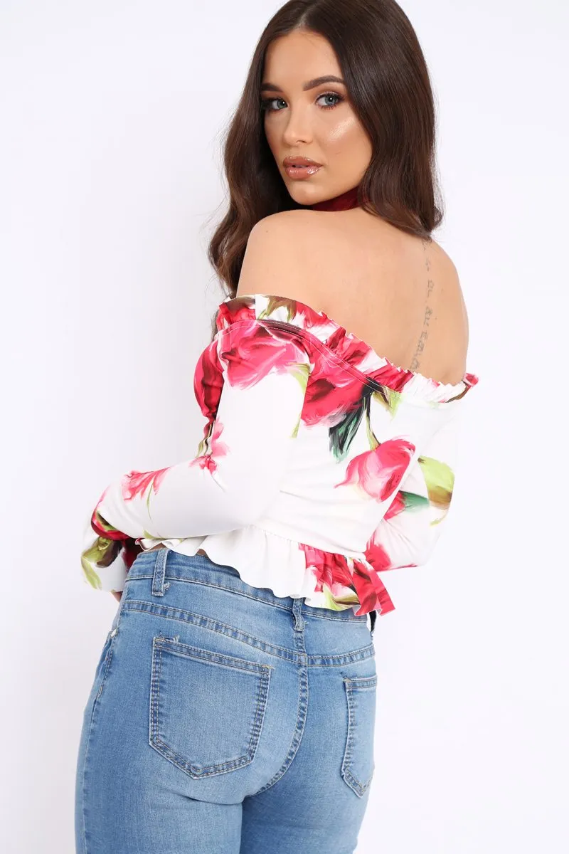 White Floral Bardot Frill Top - Bobbie sold by Rebellious Fashion product image thumbnail 4