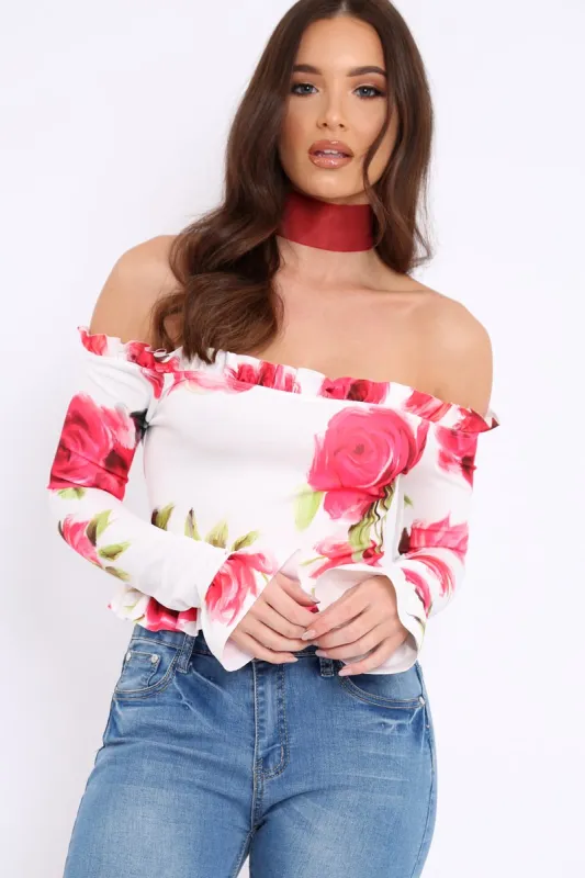 White Floral Bardot Frill Top - Bobbie sold by Rebellious Fashion