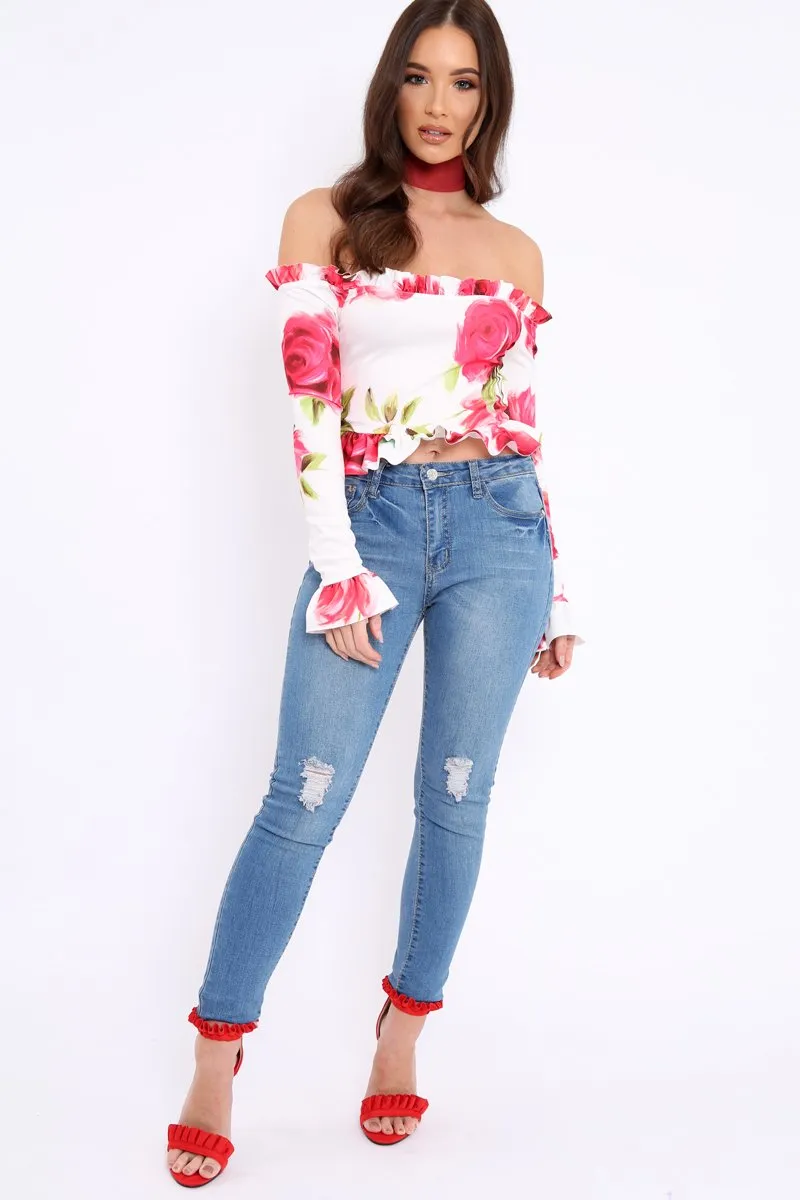 White Floral Bardot Frill Top - Bobbie sold by Rebellious Fashion product image thumbnail 2