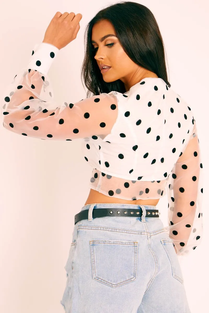 White Black Polka Dot Mesh Front Fastening Crop Top - Kacy sold by Rebellious Fashion product image thumbnail 4