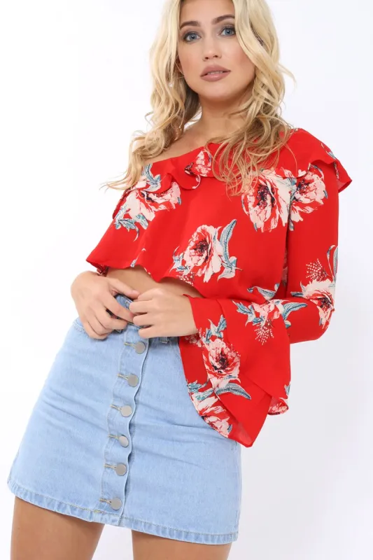 Red Floral One Sleeved Crop Top - Beatrice made by Rebellious Fashion