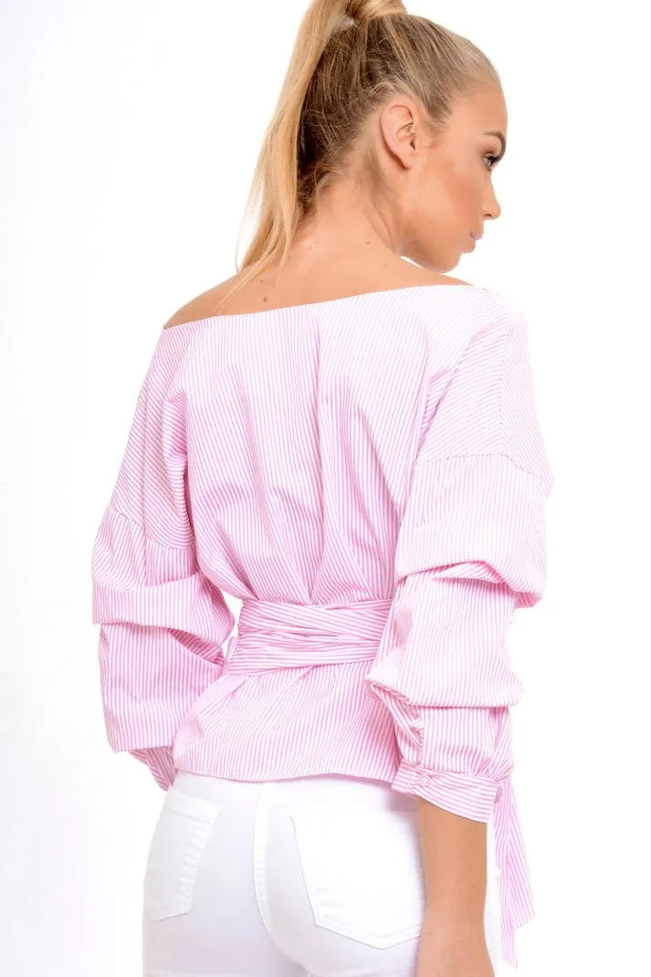 Pink Stripe Wrap Around Tie Waist Top - Rhona sold by Rebellious Fashion product image thumbnail 4