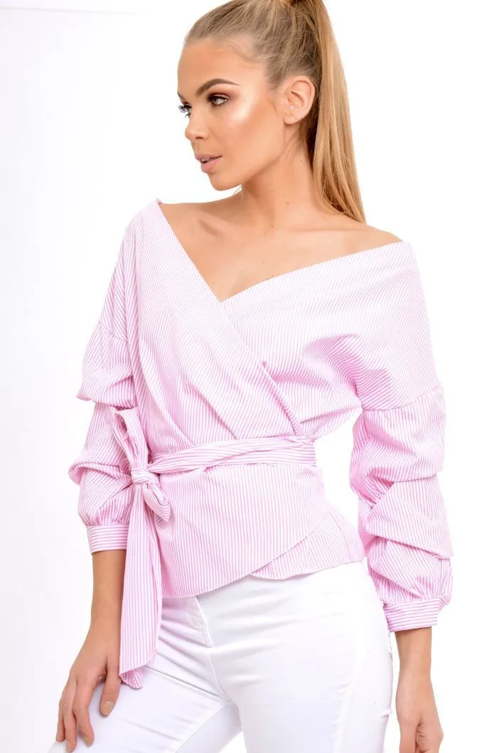 Pink Stripe Wrap Around Tie Waist Top - Rhona sold by Rebellious Fashion product image thumbnail 3