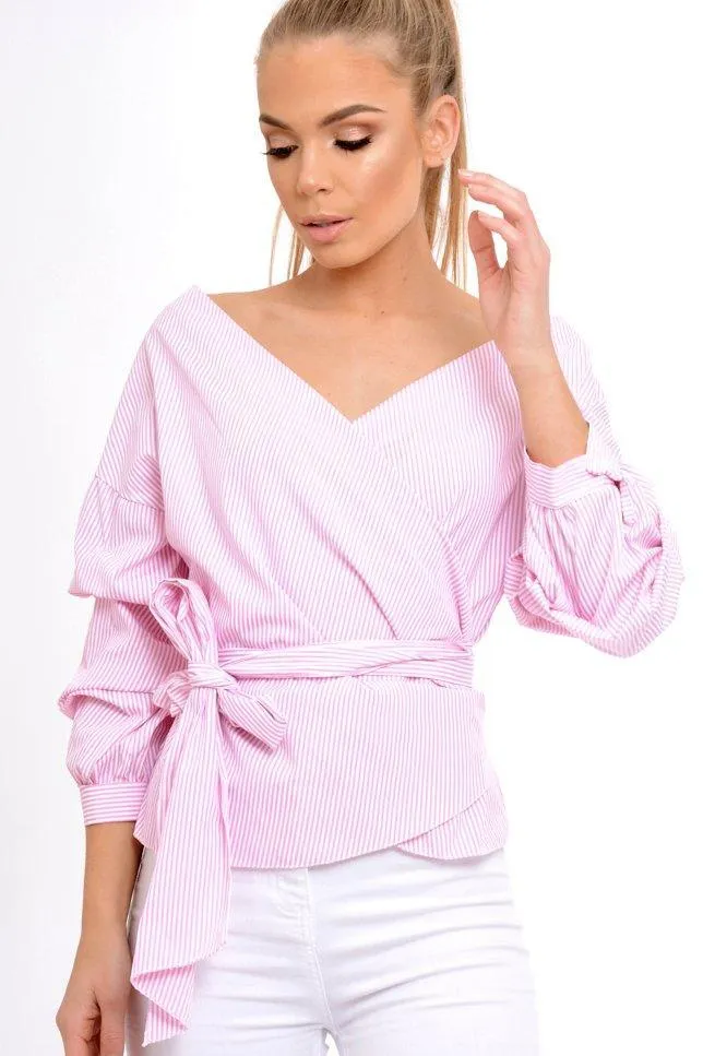 Pink Stripe Wrap Around Tie Waist Top - Rhona sold by Rebellious Fashion product image thumbnail 2