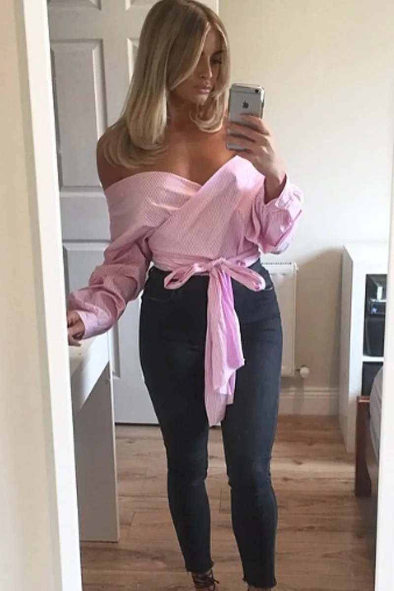Pink Stripe Wrap Around Tie Waist Top - Rhona sold by Rebellious Fashion