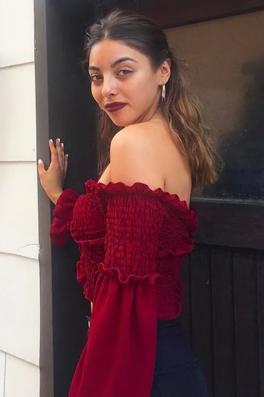 Wine Shirred Wrap Over Bardot Crop Top - Zuri sold by Rebellious Fashion