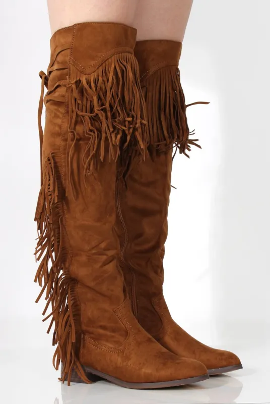 Kristen Camel Tassel Knee High Boots sold by Rebellious Fashion