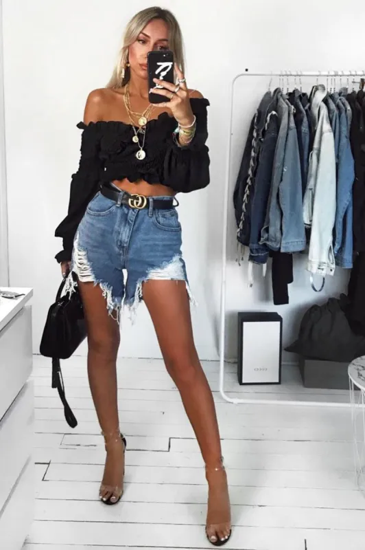 Black Shirred Wrap Over Bardot Crop Top - Zuri sold by Rebellious Fashion