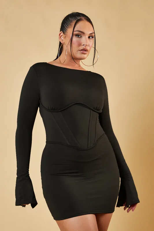 Black Corset Detail Bodycon Mini Dress - Blessing sold by Rebellious Fashion
