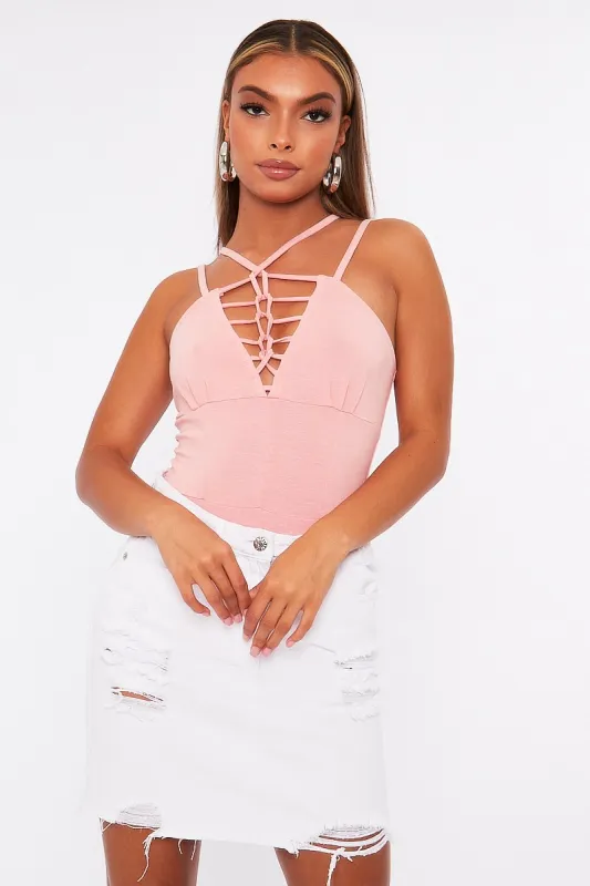 Pink Lace Up Front Bodysuit - Gea sold by Rebellious Fashion