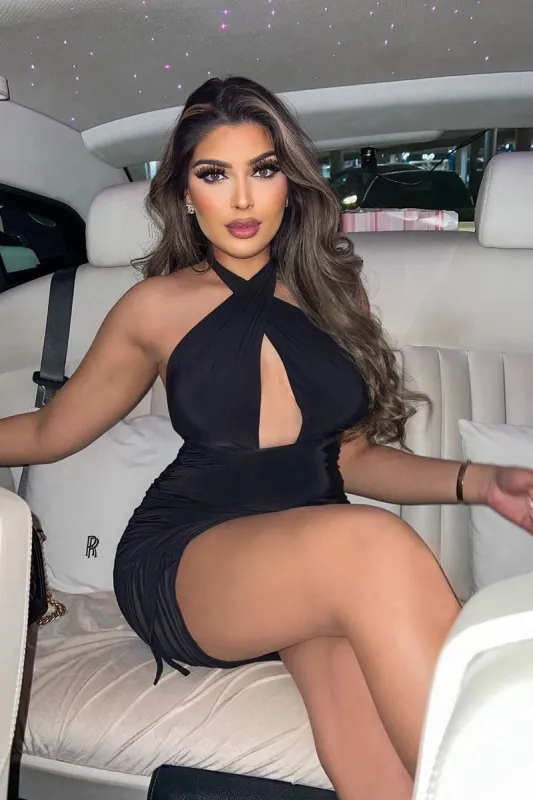 Black Slinky Ruched Halter Neck Mini Dress - Raylinn sold by Rebellious Fashion