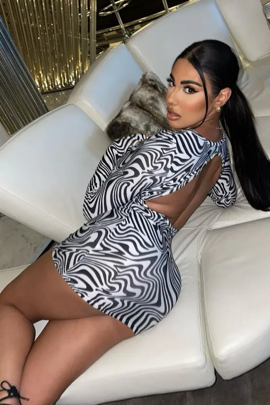 Black White Wave Print Cut Out Back Mini Dress - Malia sold by Rebellious Fashion
