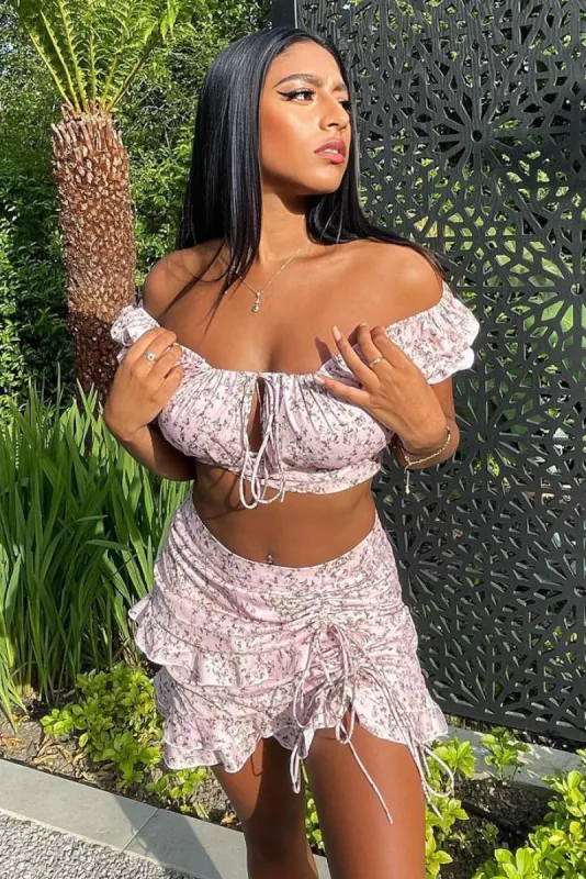 Pink Floral Print Bardot Crop Top & Frill Mini Skirt Set - Carly sold by Rebellious Fashion