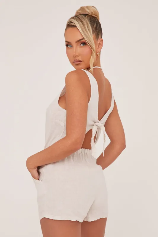 Beige Elasticated Waist Tie Back Playsuit - Jovee sold by Rebellious Fashion