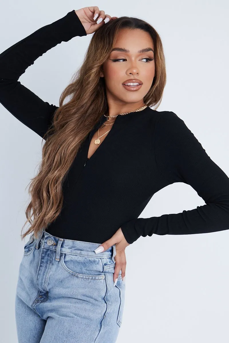 Black Ribbed Zip Front Long Sleeve Bodysuit - Susanne sold by Rebellious Fashion product image thumbnail 3
