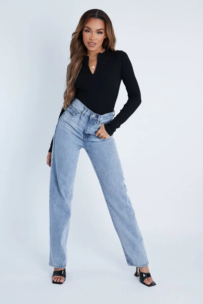 Black Ribbed Zip Front Long Sleeve Bodysuit - Susanne sold by Rebellious Fashion product image thumbnail 5