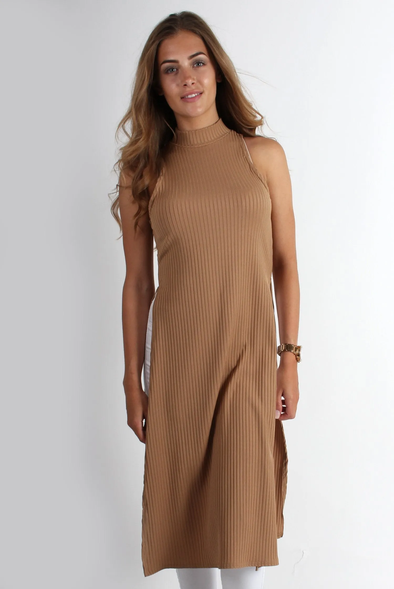 Mariah Ribbed Split side Camel Top sold by Rebellious Fashion