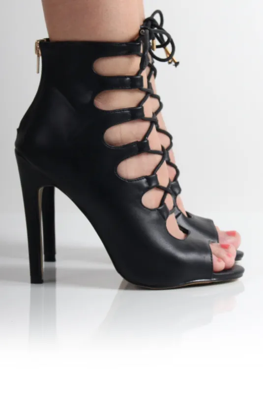 Lucia Black PU Lace Up Heels sold by Rebellious Fashion