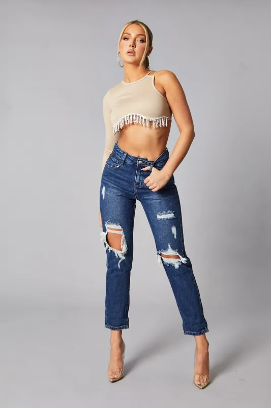 Dark Blue Distressed Straight Leg Jeans - Nikia sold by Rebellious Fashion
