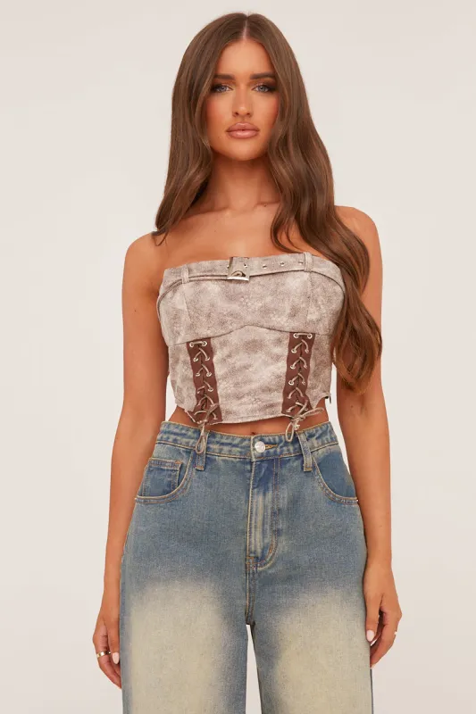 Beige Lace Up Corset Detail Cropped Top - Jovey sold by Rebellious Fashion